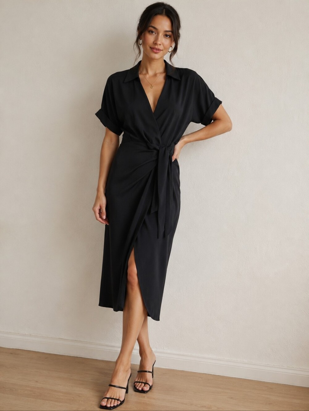 Wrap Midi Dress Women’s SHEIN Black Collared V-Neck Drop Short Sleeve Size 12